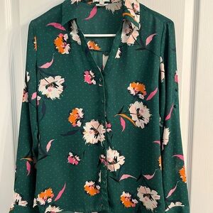 Express Green Button Down Shirt with Notched Collar and Peplum